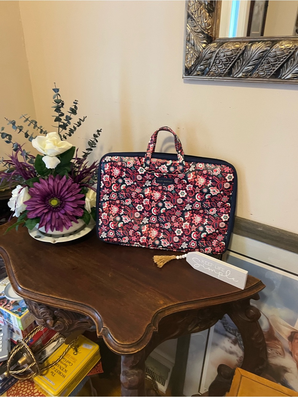 Simply Southern Quilted Floral Laptop Tote in Pink and Navy